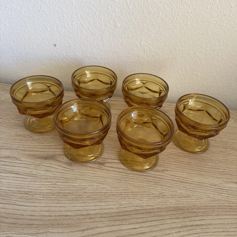 6 Anchor Hocking Fairfield Amber Low Sherbet Set Vintage Honey Gold Stemware Lot